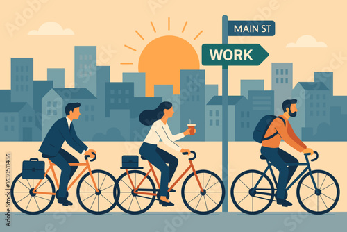 Commuters riding bicycles on Main Street at sunset in a bustling city setting