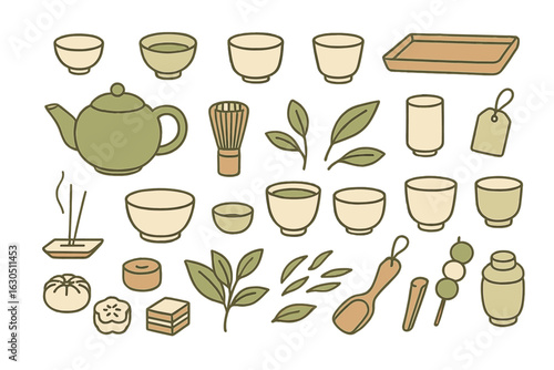 Collection of tea utensils and ingredients arranged for a traditional tea ceremony in a serene, minimalistic style