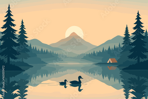 Sunrise over tranquil lake with ducks swimming and a cozy tent nestled among pine trees