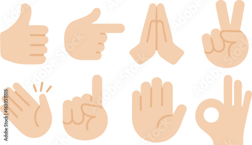 Hand gestures icon set in flat design, collection of communication symbols like thumbs up, pointing, and clapping for web and mobile