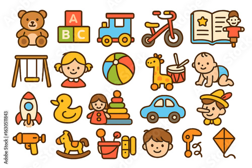 Colorful Flat Icons of Children's Toys and Activities on Warm Gradient Background