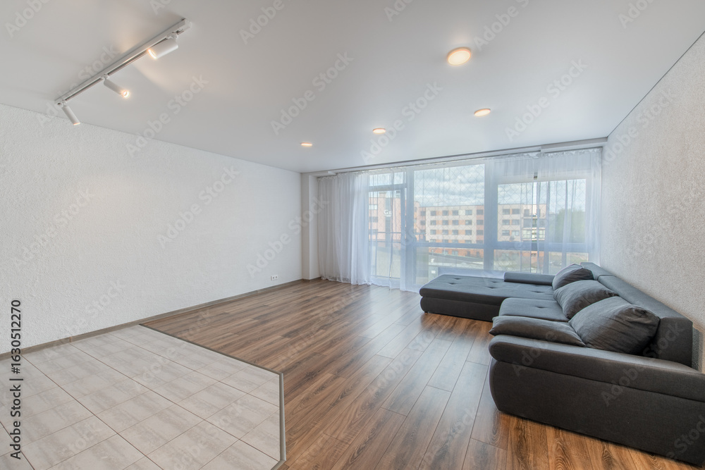 Fototapeta premium Modern Home Living Room and Windows, Balcony. Luxurious Stylish Modern Apartment.