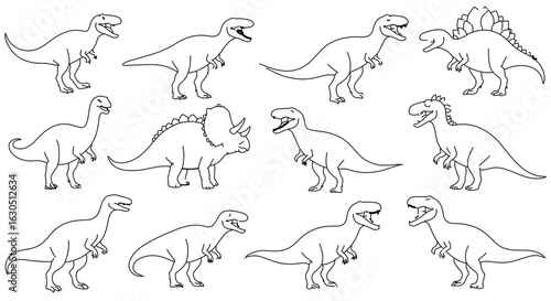Dinosaur outline drawing vector set of various dinosaurs t rex triceratops stegosaurus and brachiosaurus isolated