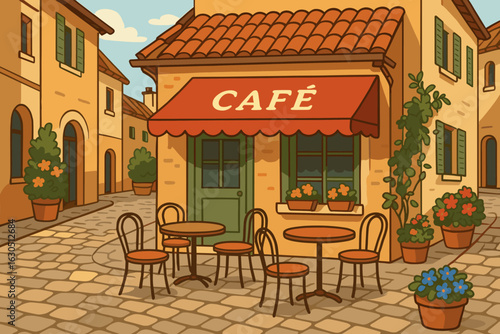 Quaint cafe with outdoor seating surrounded by colorful flowers in a charming village setting