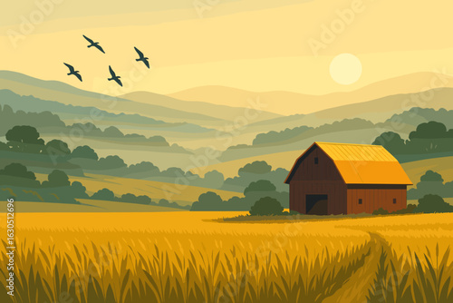 Sunset over a serene farm landscape showcasing a barn and geese flying in the evening sky