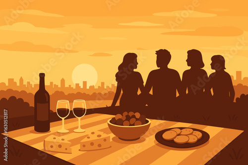 Friends enjoying a sunset picnic with food and drinks overlooking the city skyline