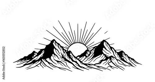 Mountain range landscape with sun rays vector illustration for travel and outdoor adventure design 100