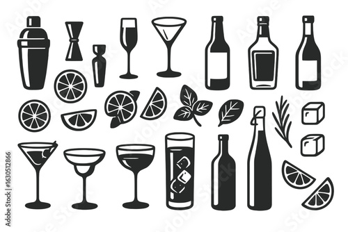 Cocktail preparation tools and ingredients on a clean surface in a bar setting during evening hours