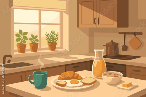 Morning breakfast setup with fresh coffee, pastries, and plants in a cozy kitchen