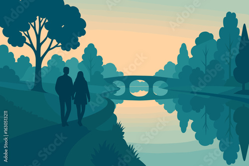 Couple walks hand in hand along a serene riverbank at dusk beneath a colorful sky