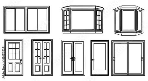 Architectural windows and doors designs for building construction and home improvement projects blueprint vector
