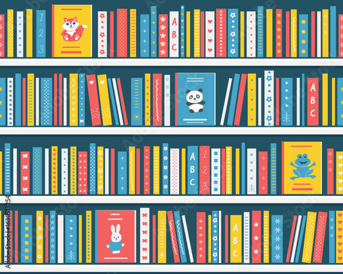 Books on the BookShelves. Seamless Pattern. Bookshelves with Kids Books. Library Interior or Bookstore Interior. Children's books on the White Shelves. Vector illustration in Blue, Yellow, Red, White