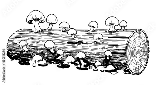Mushroom cultivation on log illustration for edible fungi growing and forest ecosystem design elements vector