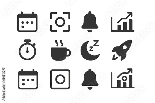 Collection of icons representing time management, productivity, and daily planning tools for efficient organization