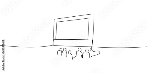 Linear outline of audience watching outdoor movie on large screen, minimal line art of open-air cinema