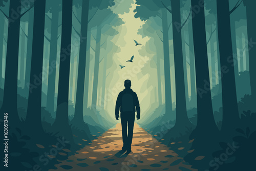 Man walking down a misty forest path surrounded by towering trees and birds flying overhead during early morning light