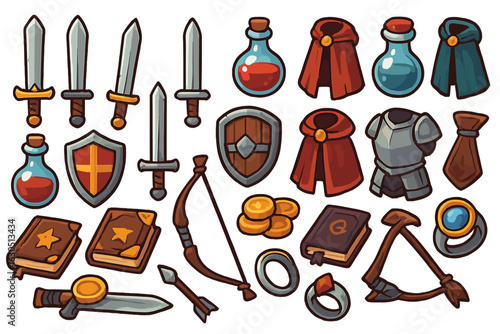 Fantasy role-playing game equipment collection featuring swords, shields, potions, and accessories
