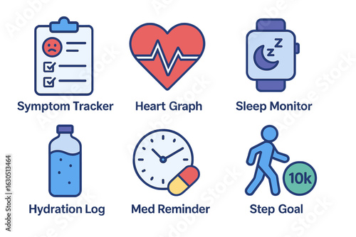 Health tracking tools for wellness management including symptom tracker, heart graph, sleep monitor, and hydration log