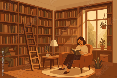 Cozy reading nook in a sunlit library with bookshelves, warm lighting, and a content reader enjoying a book