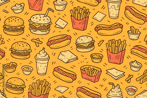 Colorful pattern featuring fast food items arranged on a bright orange background