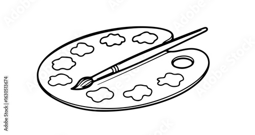 Palette and paintbrush drawing for artists painters and creative design projects black and white illustration