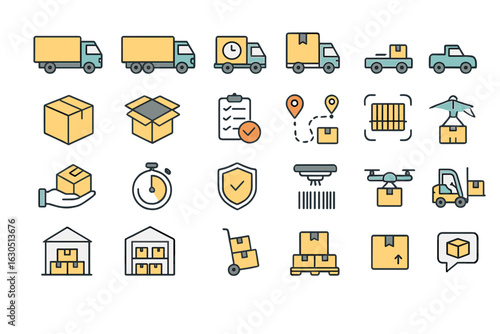 Icons representing logistics, delivery services, and packaging across various transportation modes and warehouses