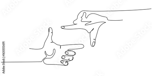 Abstract linear outline of two hands framing a scene, minimalist symbol of directing, vision, and creative cinematic perspective