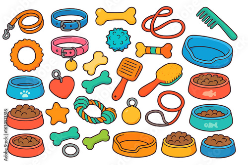 Colorful collection of pet accessories and supplies arranged on a white background