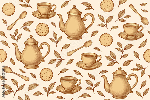 Elegant tea time pattern featuring teapots, cups, and leaves in vintage style on a light background