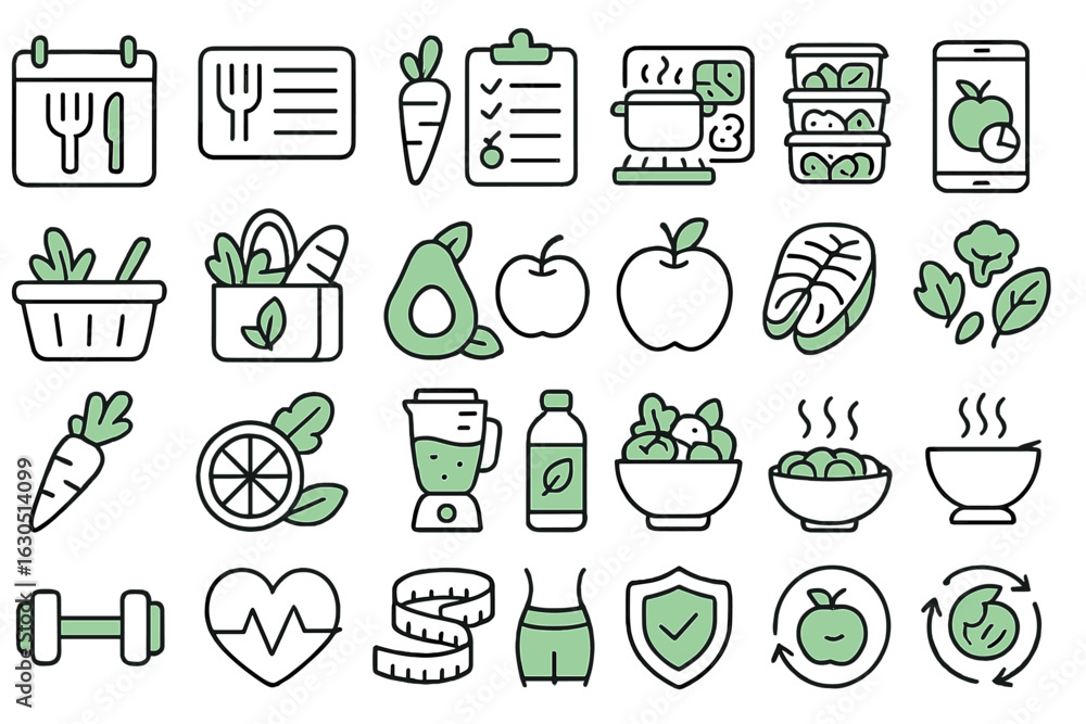 custom made wallpaper toronto digitalEngaging collection of icons representing healthy food, meal prep, and fitness activities designed for modern diet planning