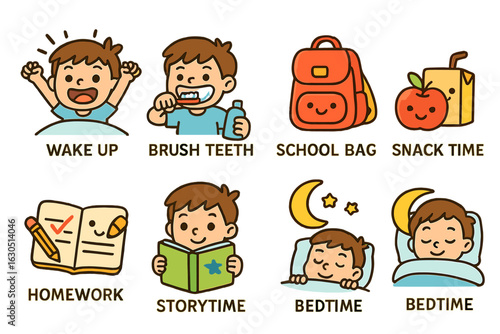 Daily routine activities of a child illustrated with engaging icons for easy understanding