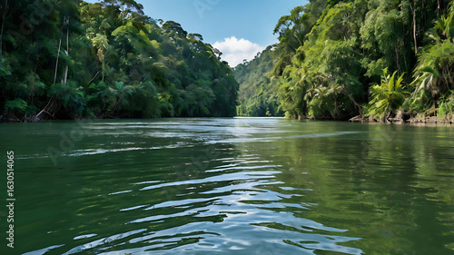 Showcasing a vibrant, winding river with clear turquoise water, surrounded by lush green foliage.
