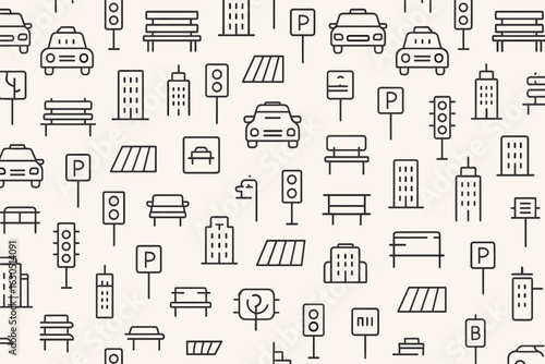 Patterns of urban life with simplistic designs of cars, buildings, and street elements in a seamless layout