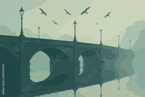 Misty morning over a serene bridge with birds flying above calm waters at dawn