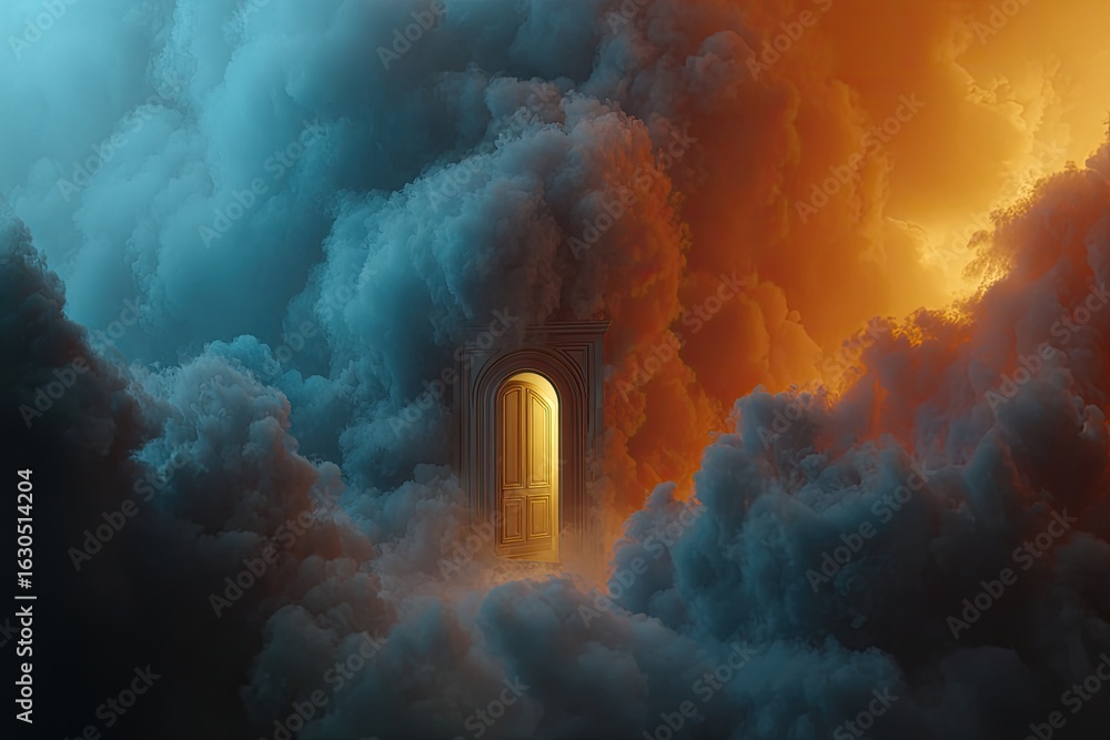 Fototapeta premium Golden door in a swirling cloud of smoky heavens