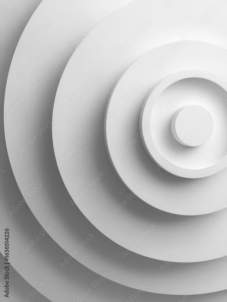 Obraz premium concentric randomly offset white rings or circles steps fading out background wallpaper banner close up flat lay top view from above abstract modern minimal white background