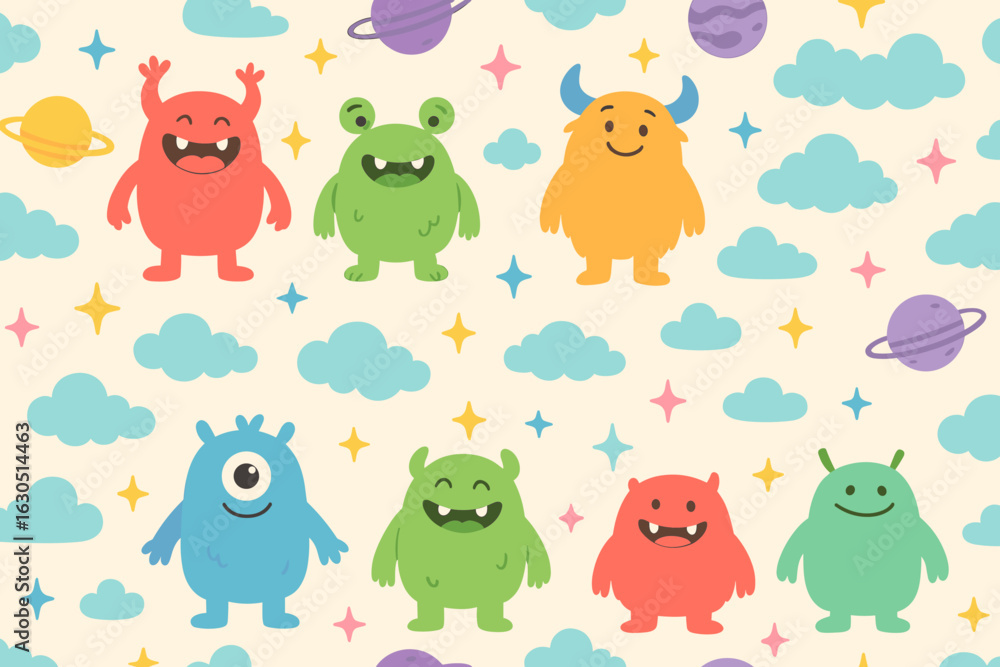 Fototapeta premium Colorful cartoon monsters in a playful pattern on a soft pastel background with clouds and planets