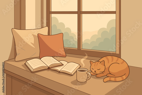 Cozy indoor setting with a cat sleeping next to a cup of coffee and open books by the window during the afternoon