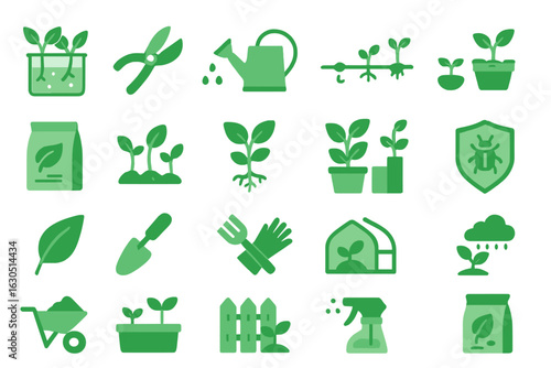 Gardening tools and elements for planting and nurturing plants in various stages of growth with a green theme