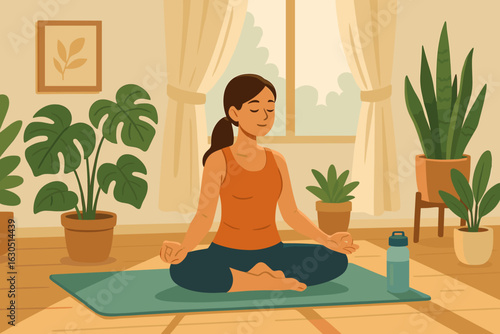 Woman meditating indoors among plants in a serene environment during daylight hours