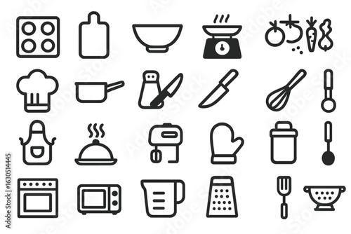 Kitchen utensils and equipment arranged on a flat surface with a modern design for culinary activities