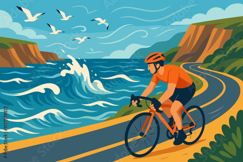 Cyclist rides along a scenic coastal road with waves and seagulls flying in the bright blue sky