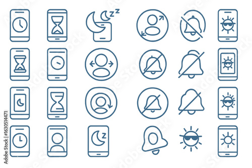 Icons depicting various smartphone functions including alarms, timers, and do not disturb settings
