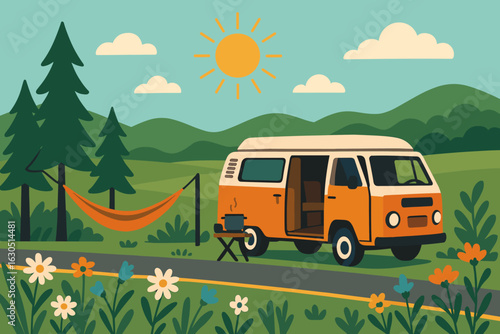 Cozy camping scene with a vintage van and hammock in a scenic landscape during a sunny day
