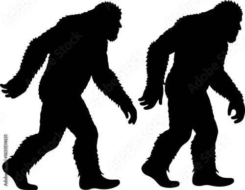 Ape and Bigfoot Silhouette Duo walking, side view, wild, animal, vector bundle
