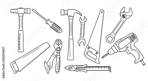 Collection of hand tools for construction and repair including hammer screwdriver wrench and saw vector art