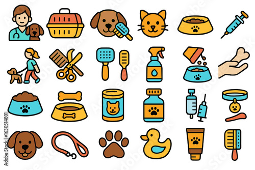 Collection of pet care icons representing various activities and items related to animal health and grooming