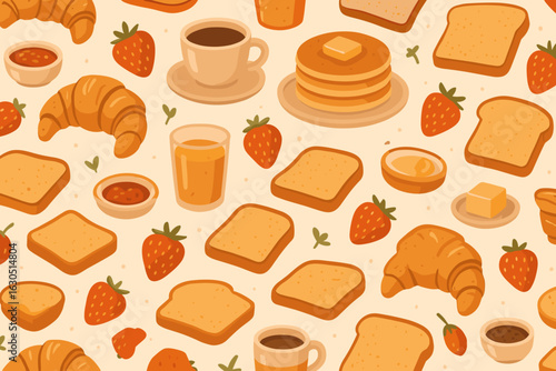 Morning breakfast spread featuring various breads, fruits, beverages, and pancakes arranged on a light background