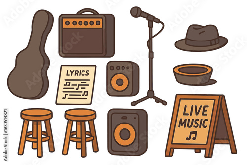 Musical performance elements including instruments, seating, and signage at a venue for live music