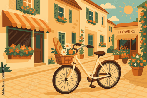 Charming street with vintage bicycle and flower shop in a quaint village during a sunny day